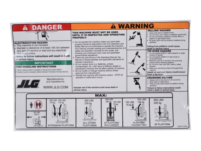 JLG Part # 1001117179 -  Decal, Warning/Instruction Dom
