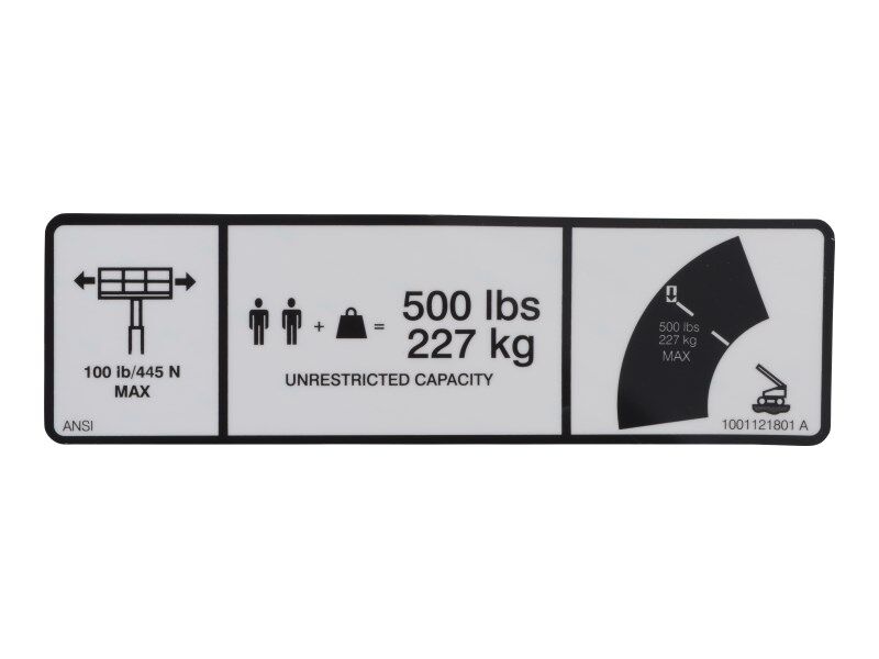 JLG Part # 1001121801 – Decal,Max Cap. 500lbs/227kg