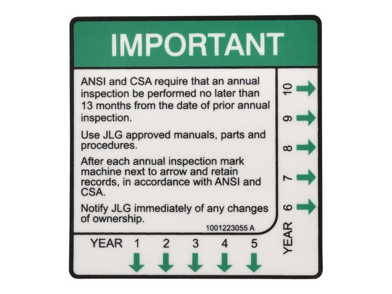 JLG Part # 1001223055 – Decal Yearly Insp
