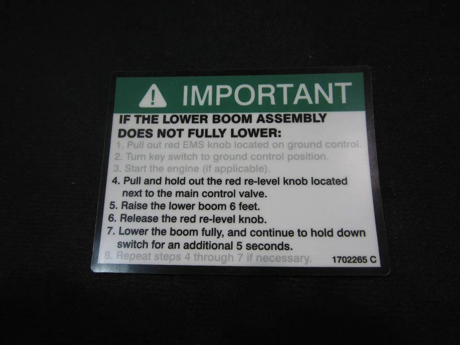 JLG Part # 1702265 – Decal,important-manual Descent