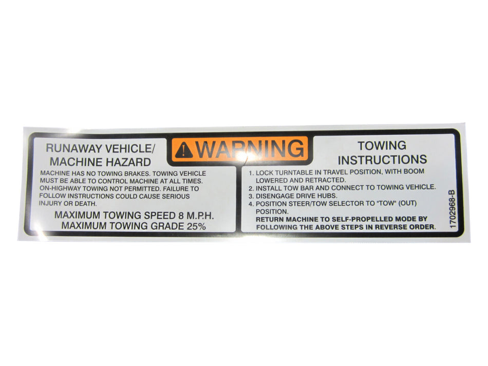 JLG Part # 1702968 -  Decal, Tow Instr