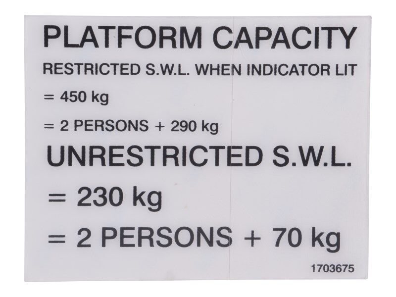 JLG Part # 1703675 – Decal, Platform Capacity