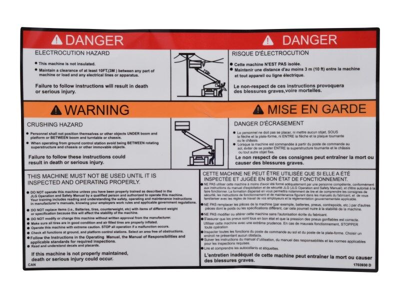 JLG Part # 1703930 -  Decal, Warning Mtb (Can) | Fits JLG 400S / 450A Series II / 450AJ Series II / 460SJ
