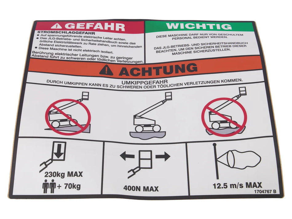 JLG Part # 1704767 -  Decal,Tip-Over Bat.Wt. Ce,Ger.
