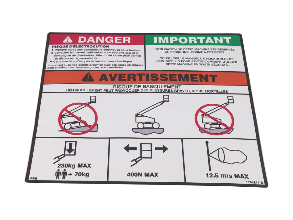 JLG Part # 1704811 -  Decal,Dang/Warn Platf (Fre)