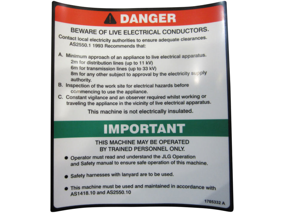 JLG Part # 1705332 -  Decal,Danger/Caution Mtb (Aus) | Fits JLG 450A Series II / 450AJ Series II