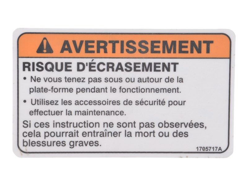 JLG Part # 1705717 -  Decal, Crushing (can) | Fits 5 JLG Lift Models