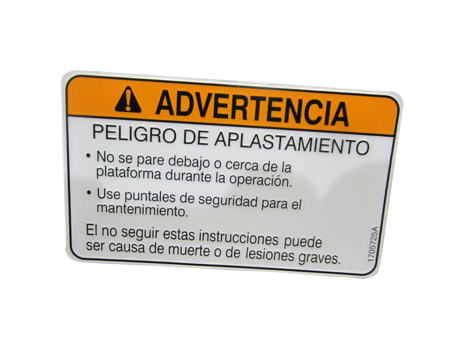 JLG Part # 1705725 -  Warning Crushing Decal | Fits 5 JLG Lift Models