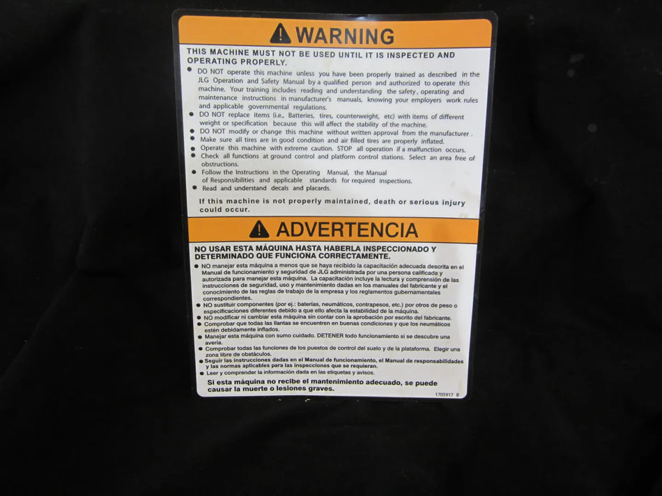 JLG Part # 1705917 -  Decal, Warn Inspection | Fits 5 JLG Lift Models