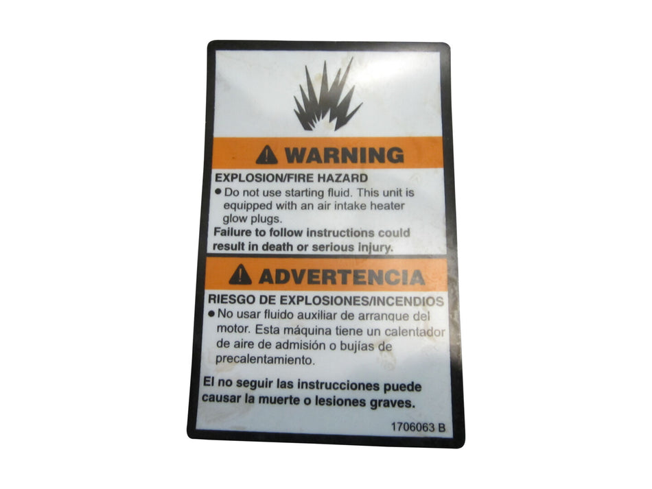 JLG Part # 1706063 -  Decal, Warning Explosion | Fits 19 JLG Lift Models
