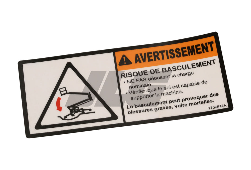 JLG Part # 1706514 -  Decal, Tip-Over Engine/FRE