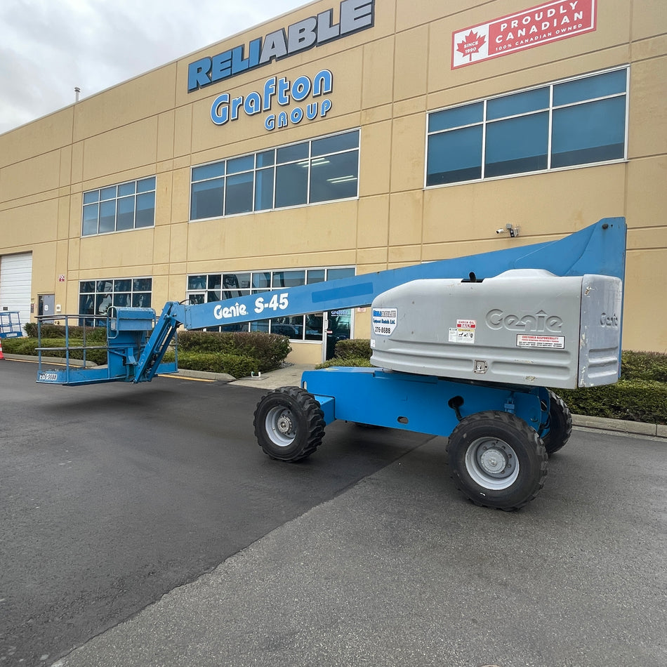 2002 Genie Boom Lift S45 for sale Picture of the whole machine in down position ships to canada and usa