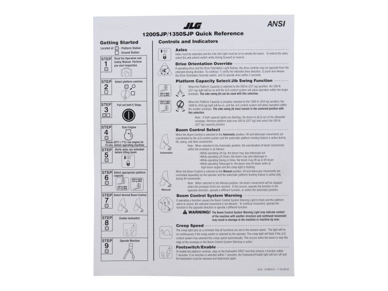 JLG Part # 3128412 – Quick Ref. Guide-1200/1350