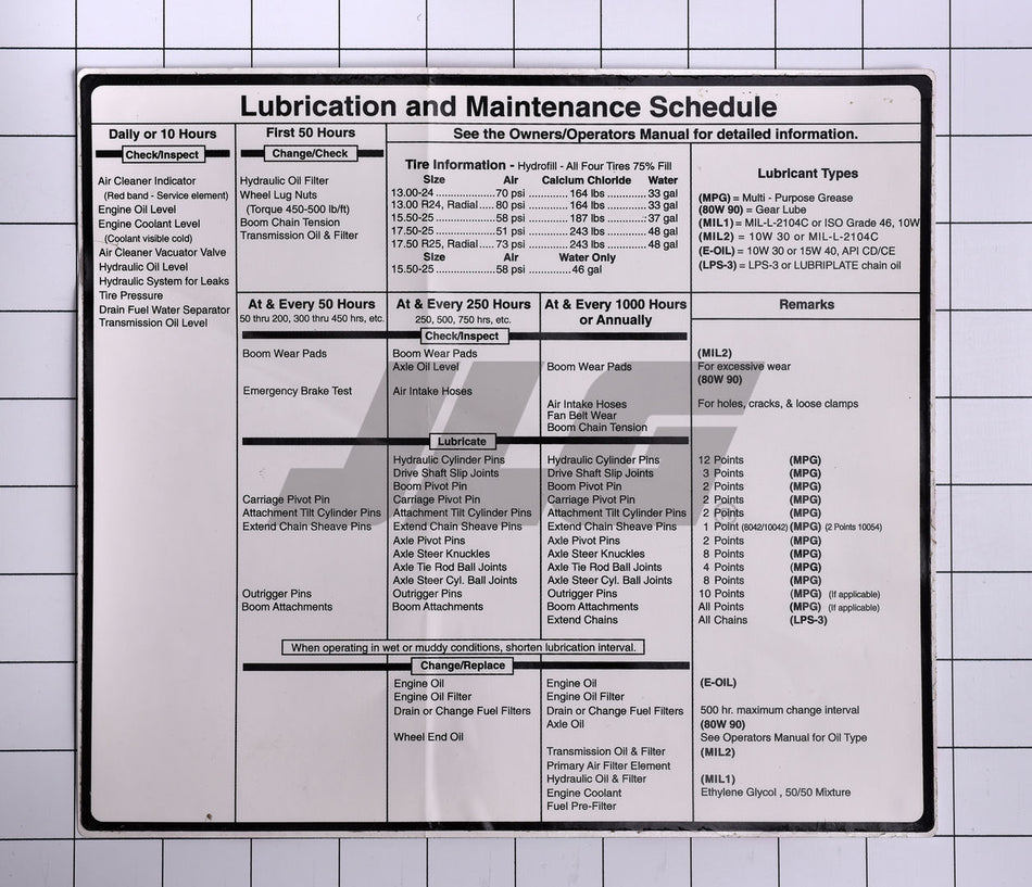 JLG Part # 4107352 – Decal Lube & Maint Chart