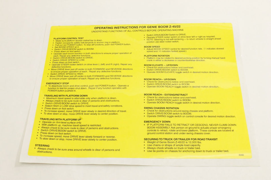 Genie 45430GT DECAL,OPERATING INSTRUCT-Z45
