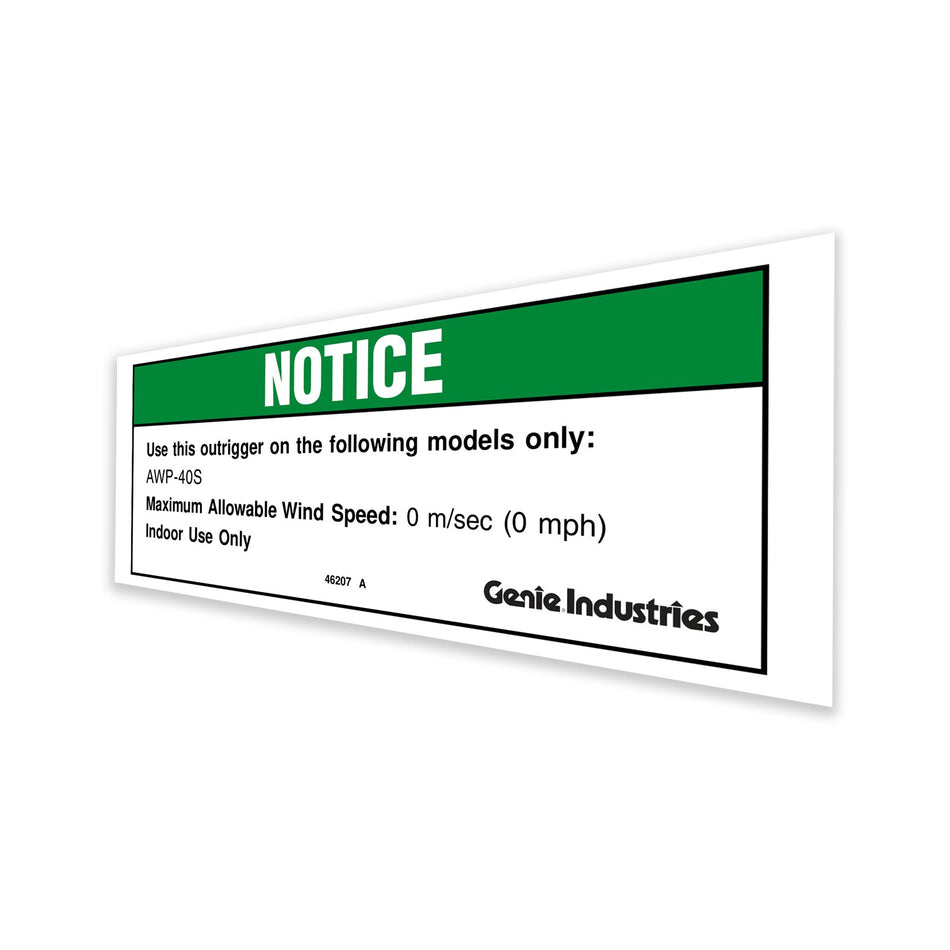 Genie 46207GT DECAL,NOTICE,40 IN OUTRIGGR,CE