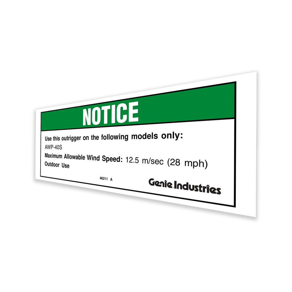 Genie 46211GT DECAL,NOTICE,85 IN OUTRIGGR,CE