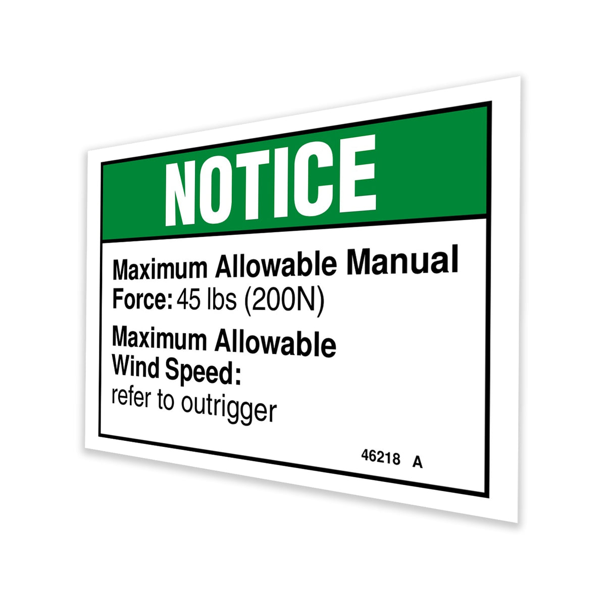 Genie 46218GT DECAL,NOTICE,SIDE FORCE 45,CE