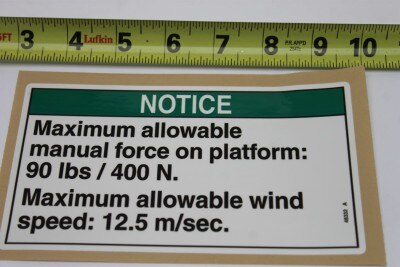 Genie 48332GT DECAL,NOTICE,90 FORCE/12.5WIND