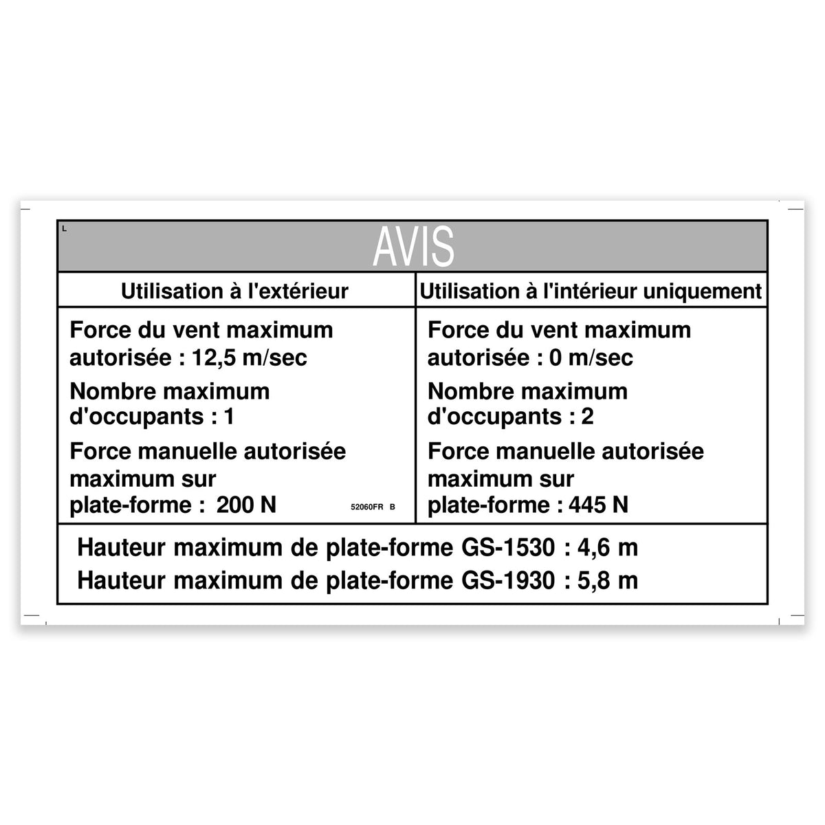 Genie 52060FRGT DECAL,NOTICE,SIDE FORCE GS30CE