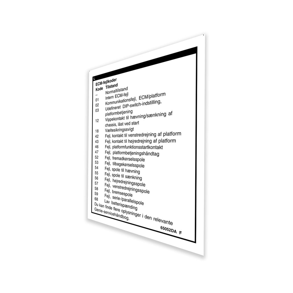 Genie 65052DAGT DECAL,LABEL,FAULT CODES