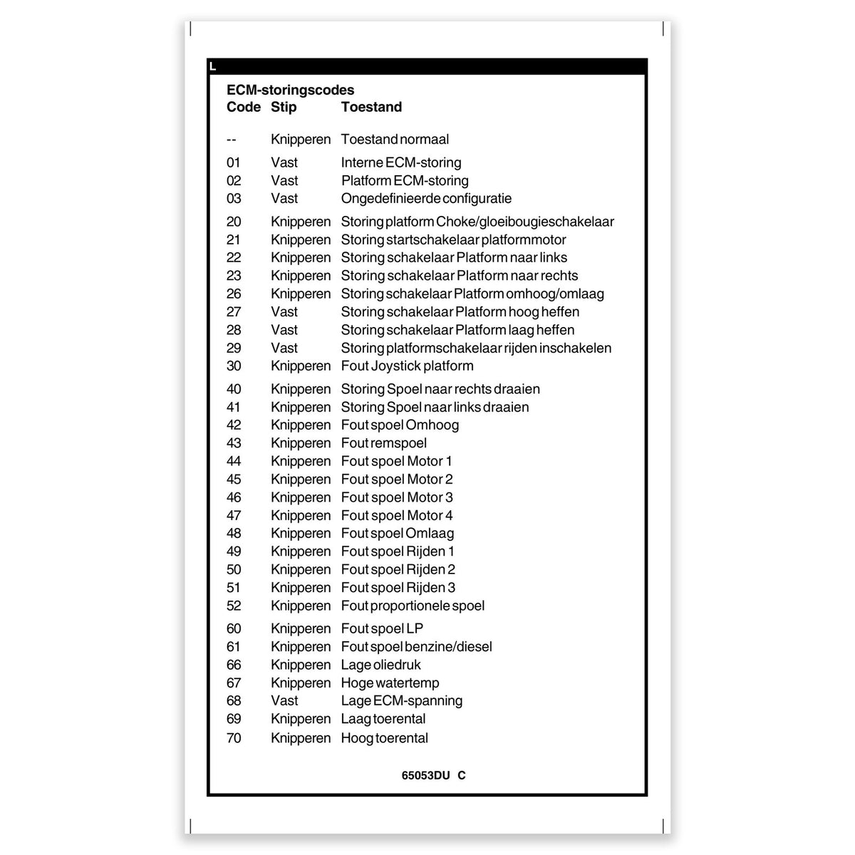 Genie 65053DUGT DECAL,LABEL,FAULT CODES