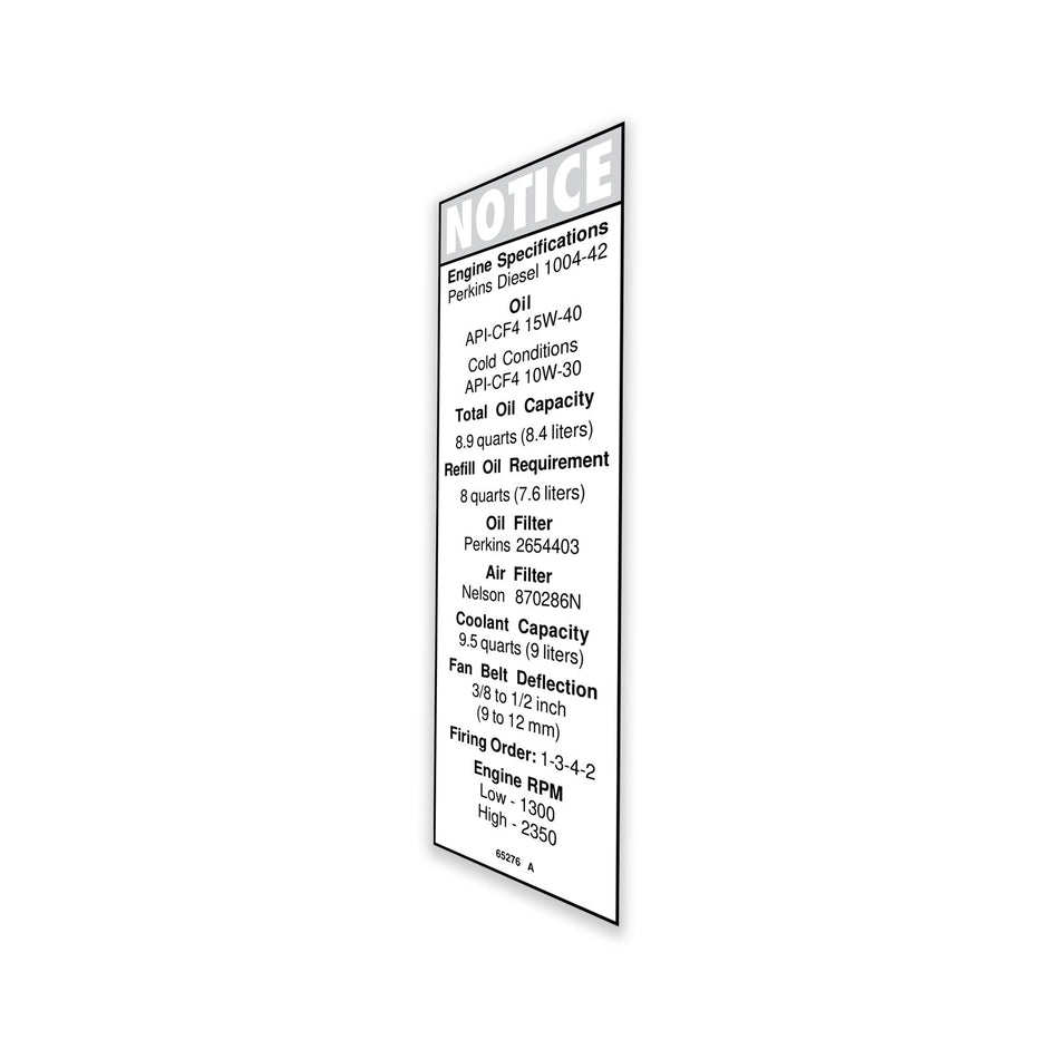Genie 65276GT DECAL,NOTICE,PERKINS ENG SPEC