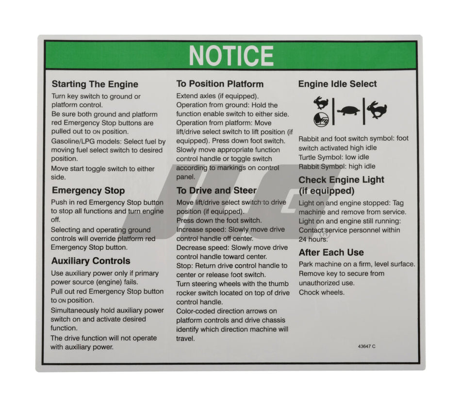 JLG Part # 70040621 – Decal Notice Oper Instrument