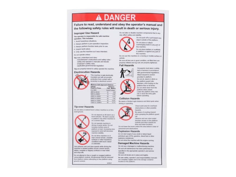 JLG Part # 70040698 – Decal Danger Gen Safety Rules