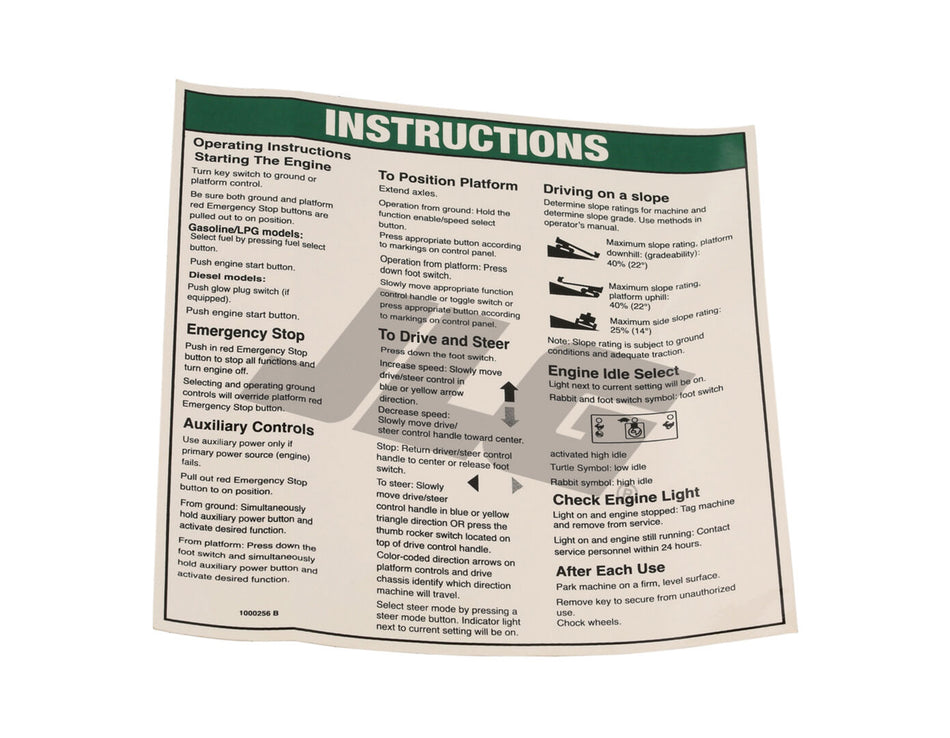 JLG Part # 70040750 – Notice Operating Instrument