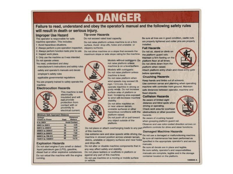 JLG Part # 70040755 – Decal, Danger, General Safety