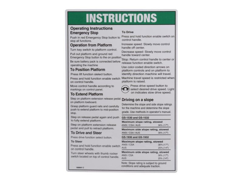 JLG Part # 70040756 – Instruct Op