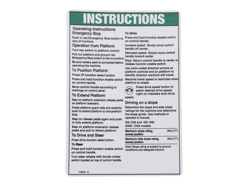 JLG Part # 70040761 – Notice,op Instr-ansi,gen V