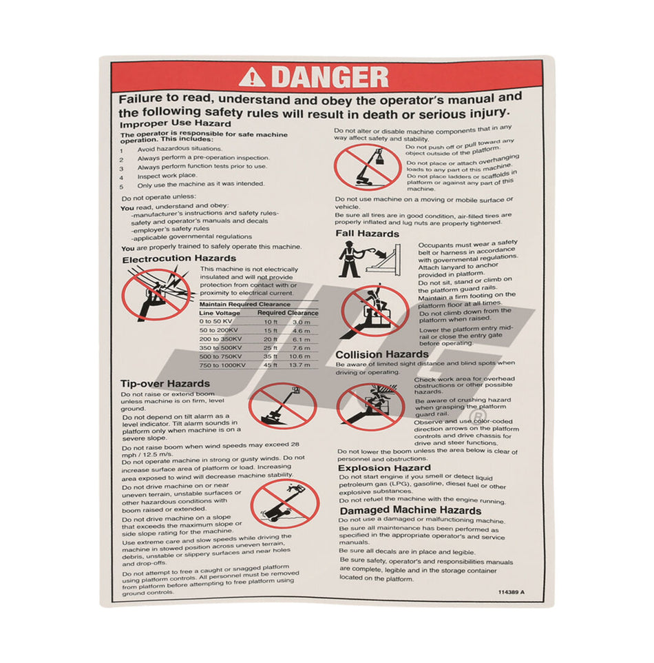 JLG Part # 70040763 – Decal, Danger General Safety