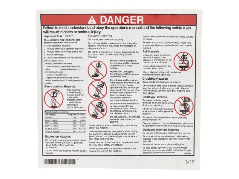 JLG Part # 70040764 – Danger, General Safety