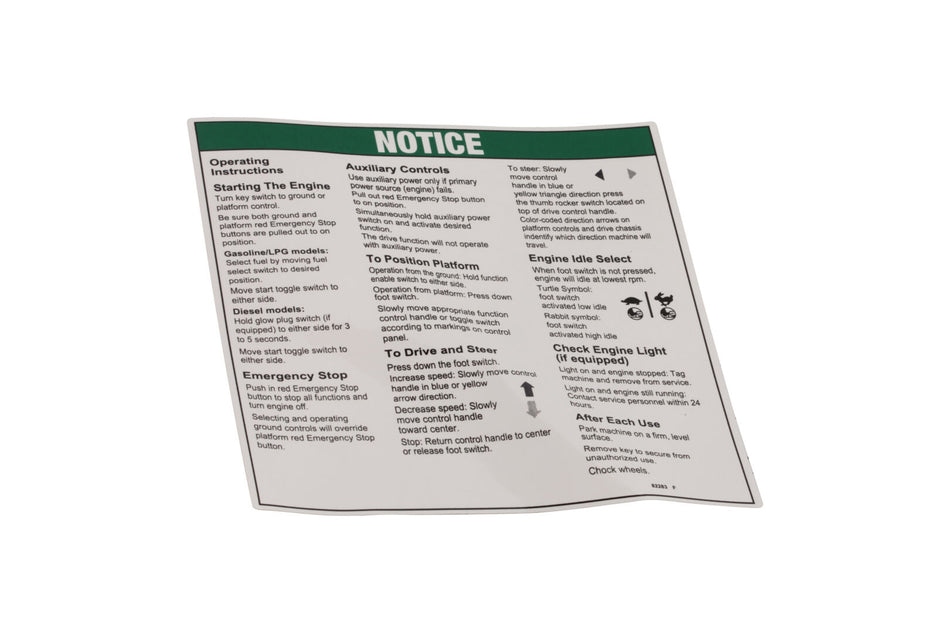 JLG Part # 70040794 – Notice Oper Instrument Ic