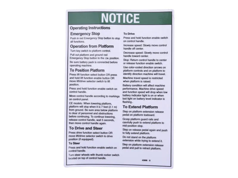 JLG Part # 70040812 – Notice, Oper Instr, Pcp