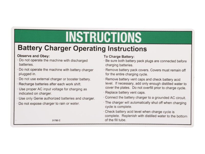 JLG Part # 70040817 – Notice, Charger Instruct
