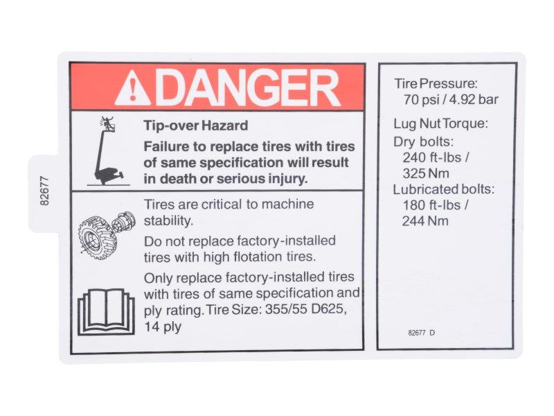 JLG Part # 70041485 – Decal,Danger Tire Spec