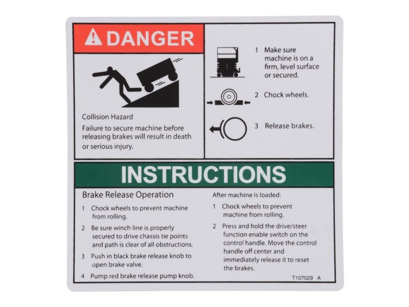 JLG Part # 70041490 – Decal, Danger, Brake Rel Safety