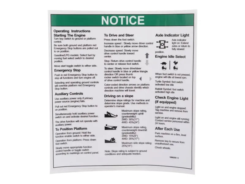 JLG Part # 70041729 – Decal, Notice Operating