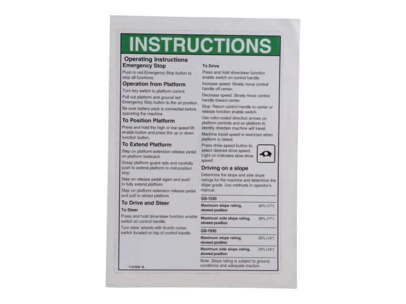 JLG Part # 70043613 – Decal,op Instrument