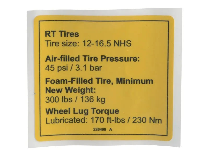 JLG Part # 70043913 – Decal, Notice Tire Pressure
