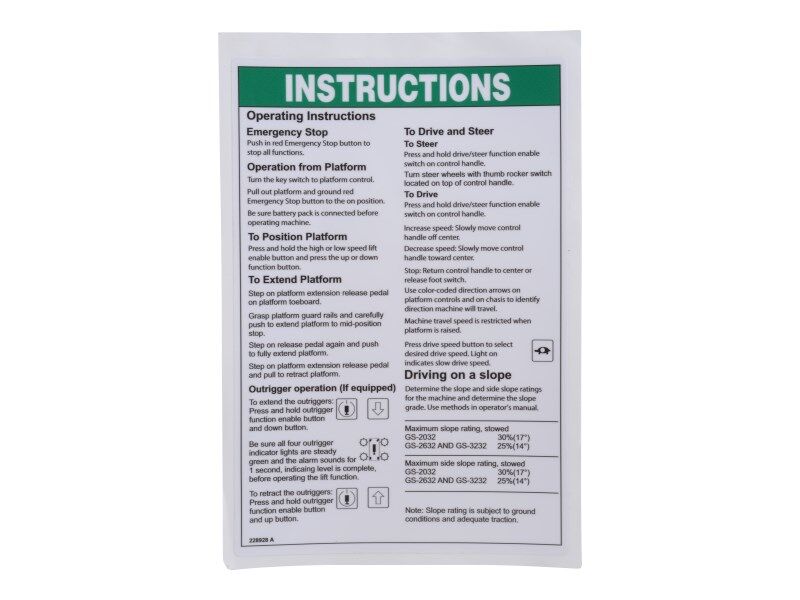 JLG Part # 70044918 – Decal,Instructions Op, Er