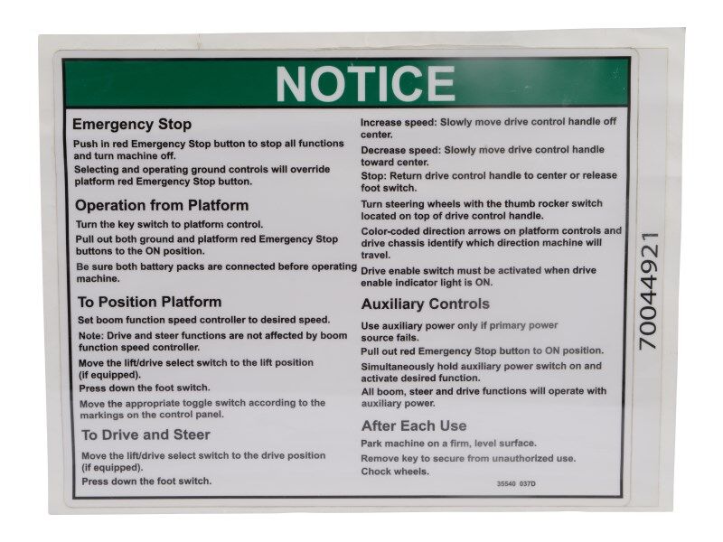JLG Part # 70044921 – Decal,Operation Notice