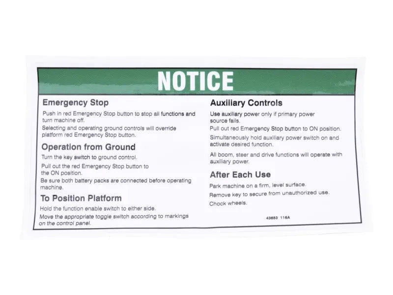 JLG Part # 70044922 – Decal, Notice, Grd Op
