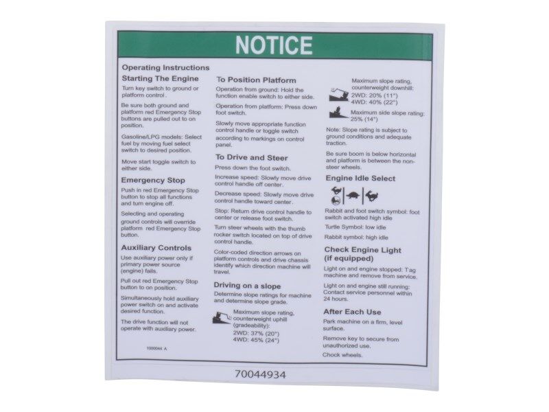 JLG Part # 70044934 – Decal, Notice, Oper Instrument