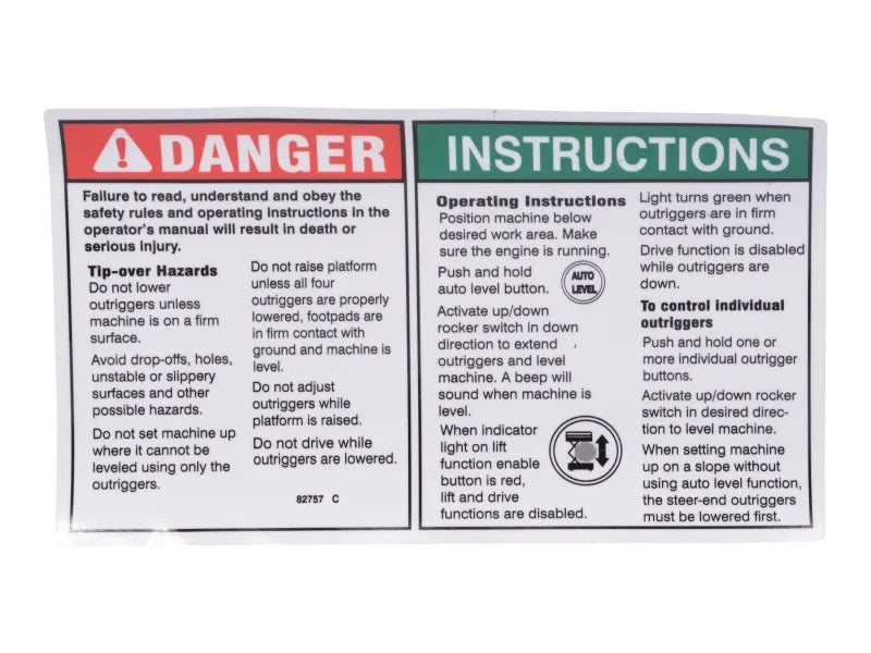 JLG Part # 70046543 – Decal, Danger, Outrigger Safety
