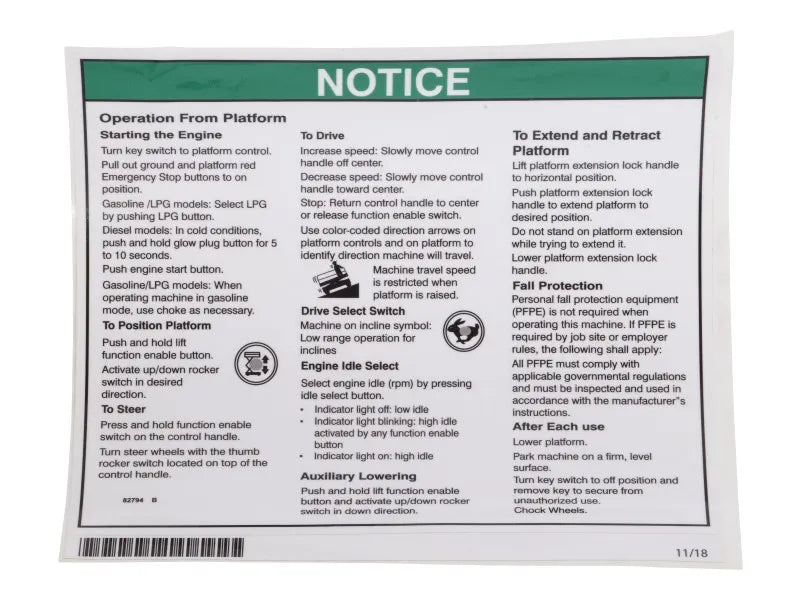 JLG Part # 70046544 – Decal, Notice, Op Instrument Platform