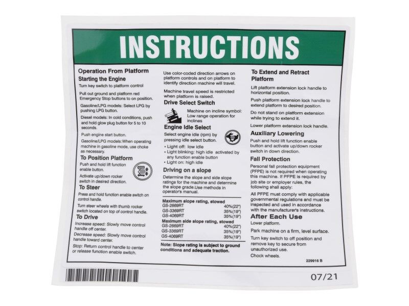 JLG Part # 70046545 – Decal, Notice, Instrument Platform